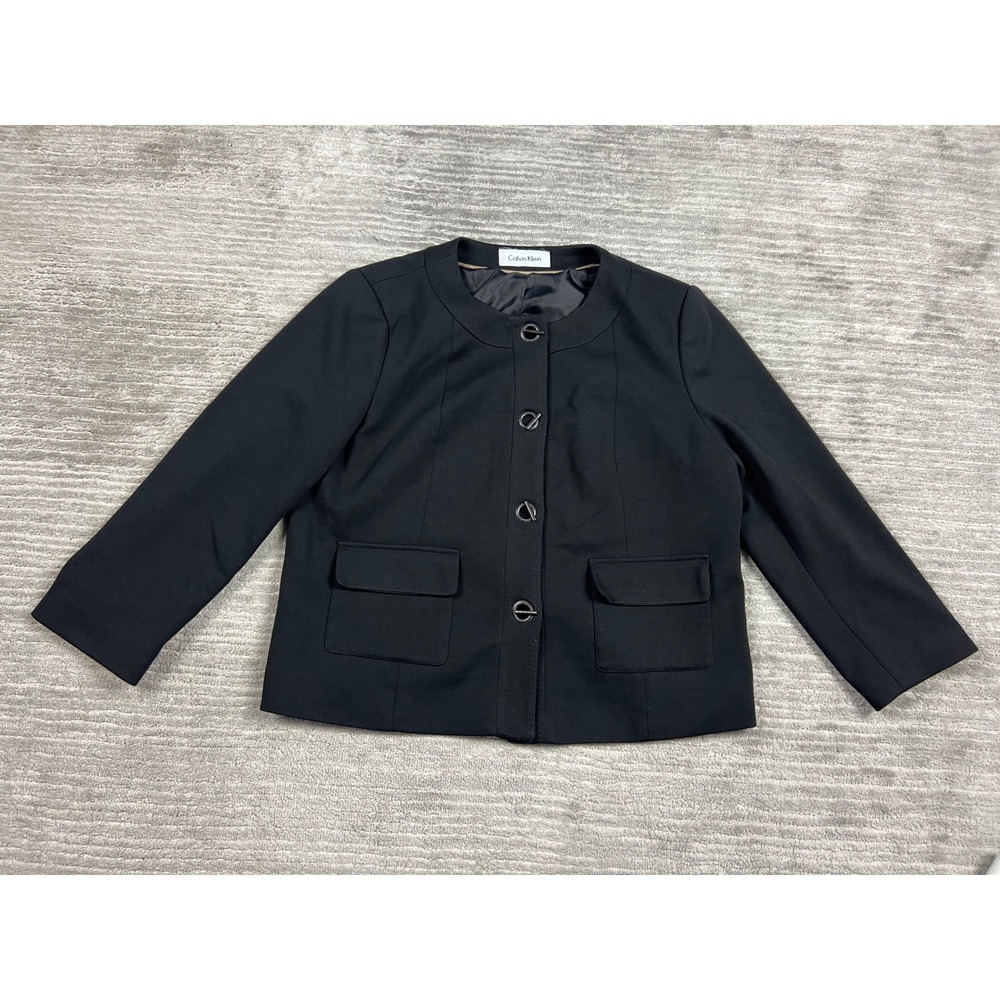 Calvin Klein Blazer Womens L Black Collarless Button Front Flap Pockets Stretch